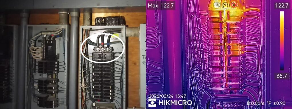 Thermal image of breaker bank showing multiple overheated breakers with yellow and orange hotspots