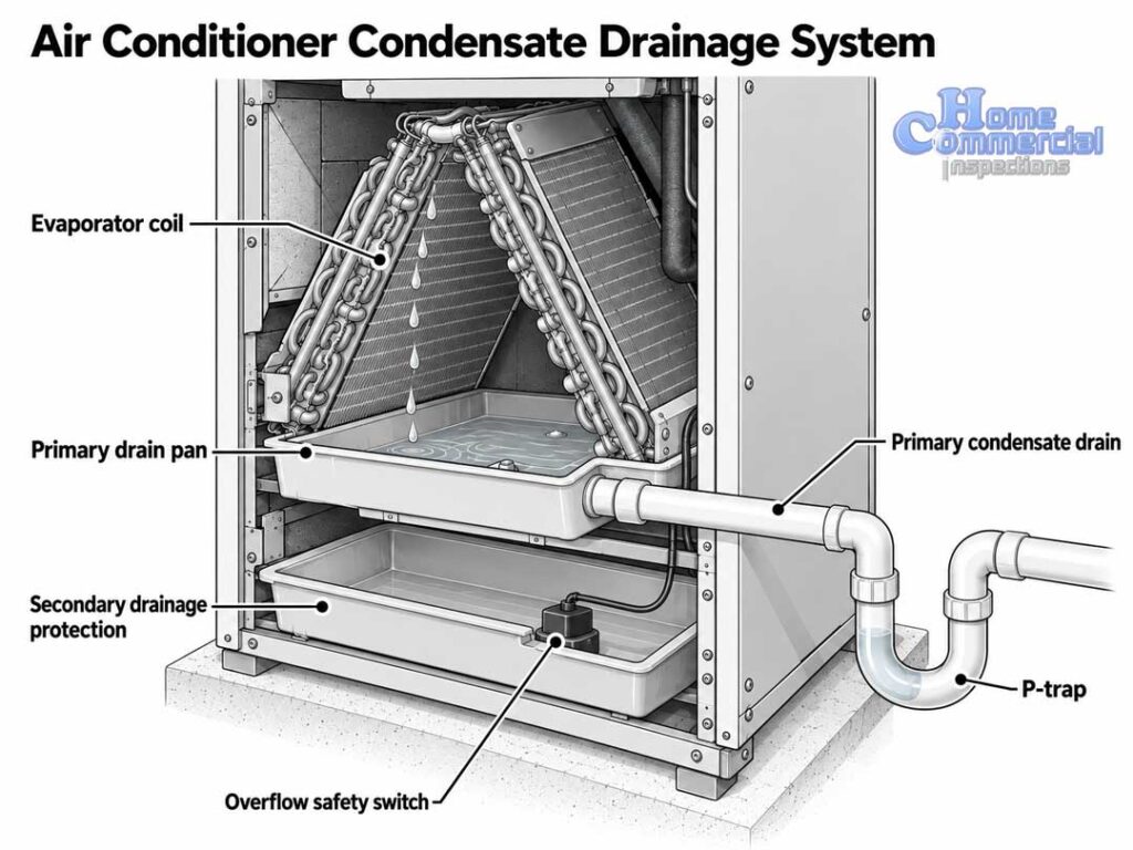 Technical cutaway diagram of an indoor air conditioner evaporator coil showing the condensate drain pan, primary drain line, P-trap, secondary drainage protection, and overflow safety switch.