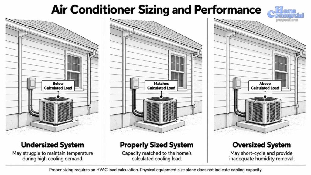 Technical illustration comparing undersized, properly sized, and oversized residential air conditioning systems and their effects on cooling performance.