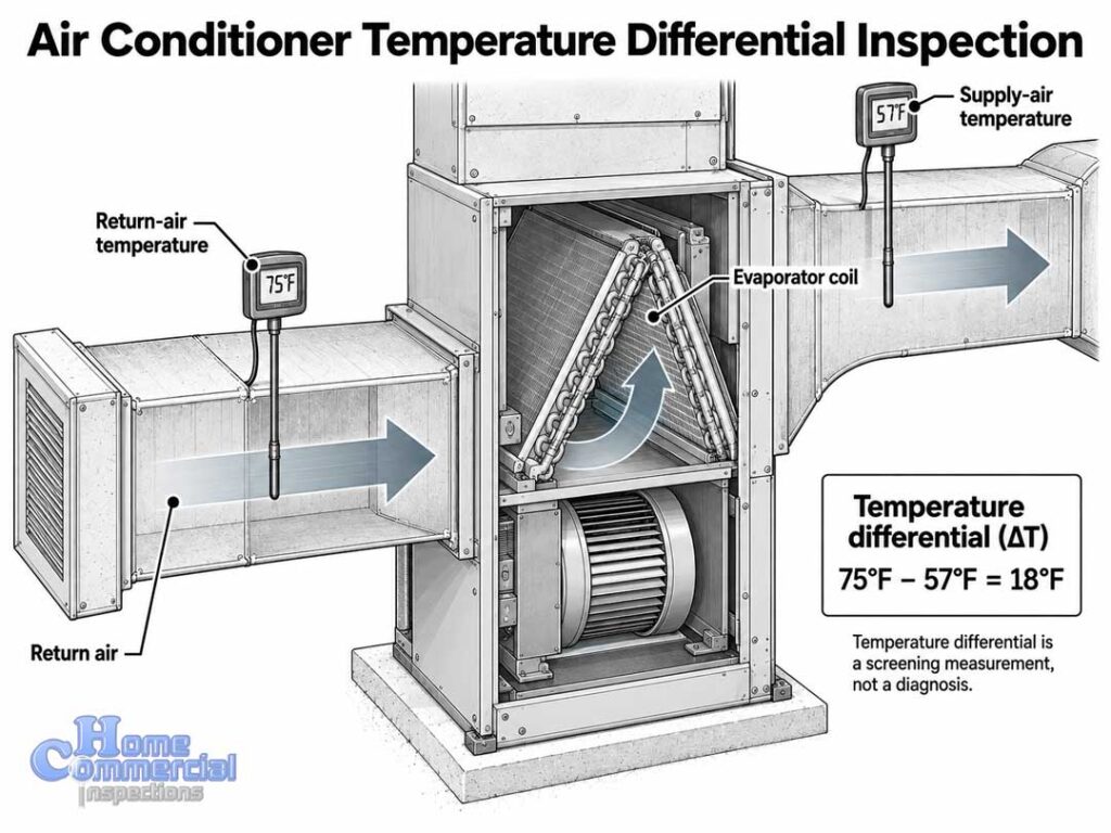 Technical diagram showing an air conditioner temperature differential inspection with 75°F return air, 57°F supply air, and an 18°F temperature difference.