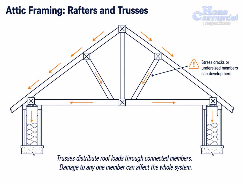 Diagram of roof truss framing showing load path and stress points found during a Columbus Ohio home inspection