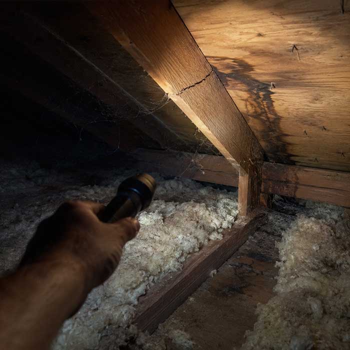 Home inspector using a flashlight to examine cracked framing and water staining in an attic during a Columbus, Ohio inspection