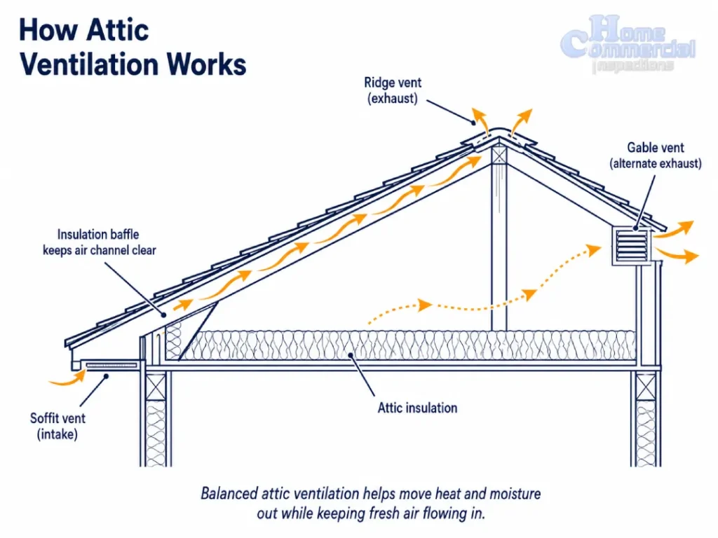 Diagram showing soffit intake and ridge exhaust airflow in a properly ventilated attic — HC Inspectors, Columbus Ohio home inspection