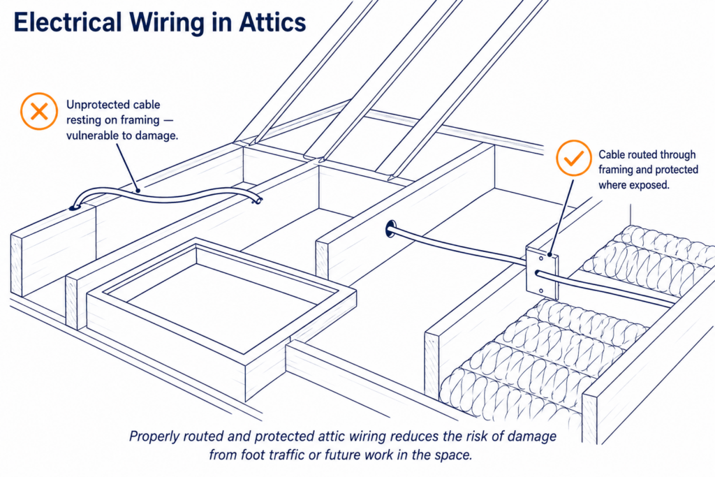 Diagram comparing unprotected vs. properly routed electrical wiring in a home's attic — HC Inspectors, Columbus Ohio