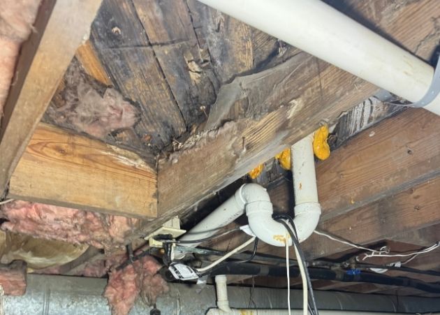 Wood deterioration from crawlspace moisture found during inspection