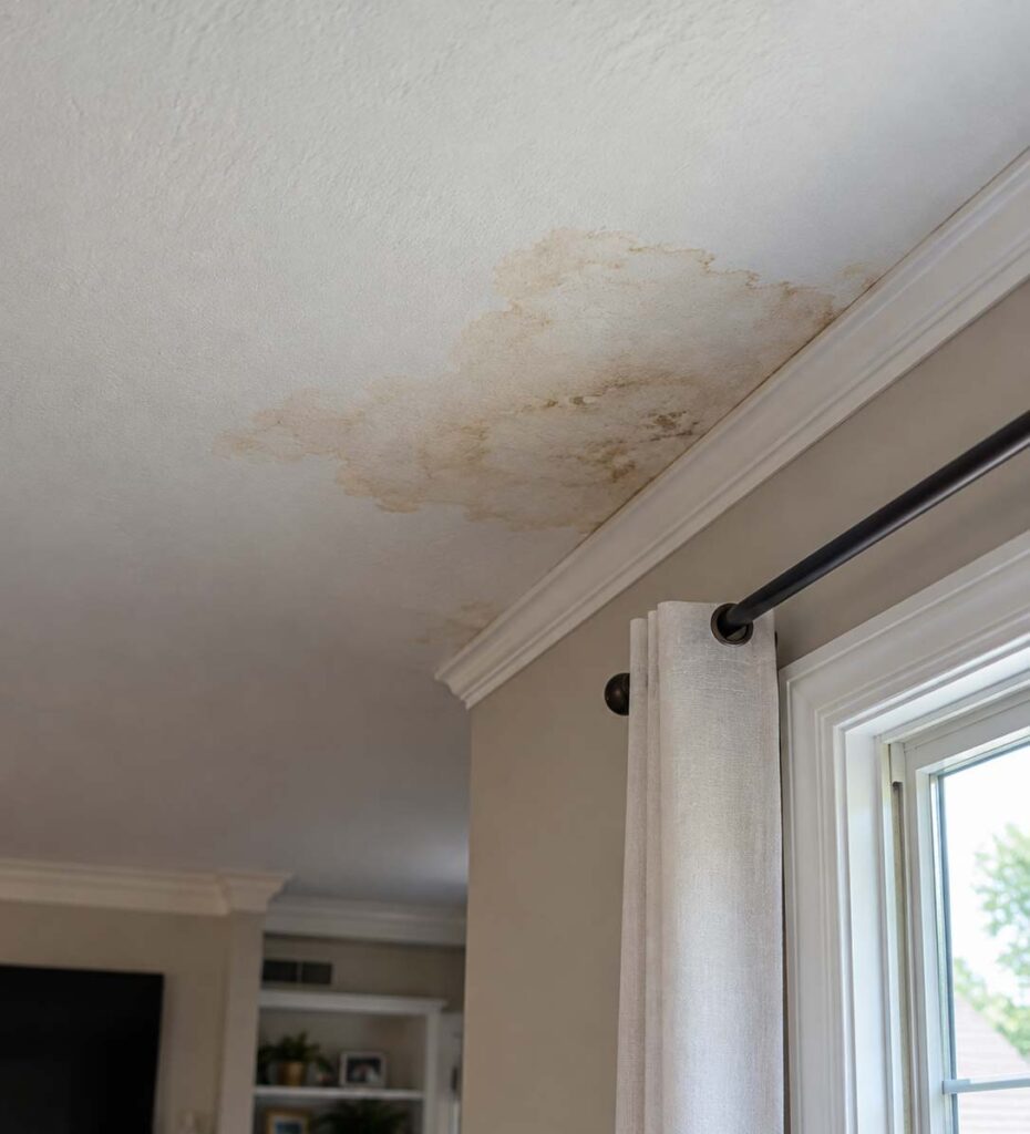 Brown water stains on a residential living room ceiling near a window, showing visible signs of possible moisture intrusion during a home inspection.