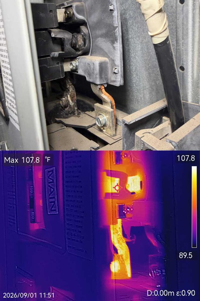 Thermal image showing overheated electrical connection running above normal temperature