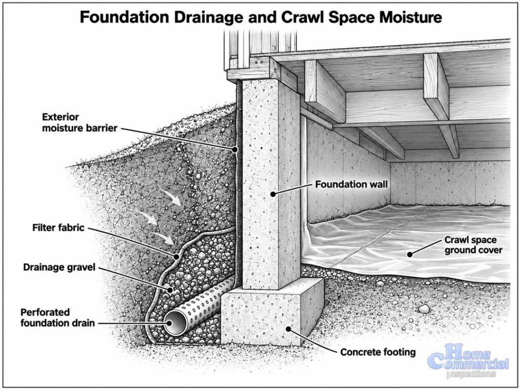 echnical cross-section of a crawl space foundation showing a perforated drain pipe, drainage gravel, filter fabric, concrete footing, exterior moisture barrier, and ground vapor retarder.
