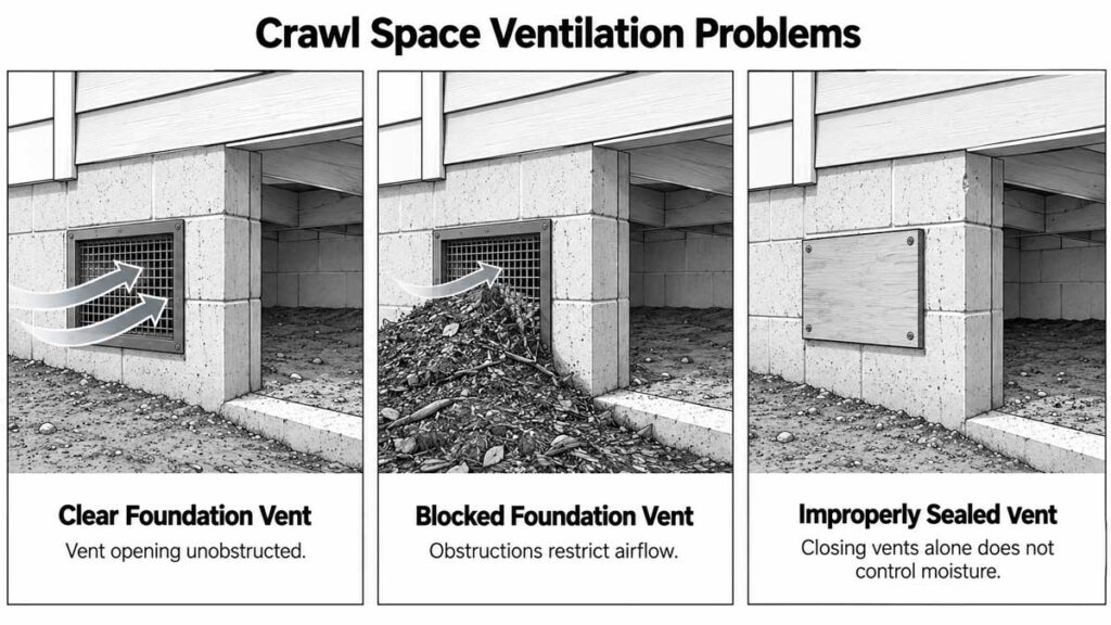 Technical illustration comparing clear, blocked, and improperly sealed crawl space foundation vents, showing airflow restrictions and potential moisture-control concerns.