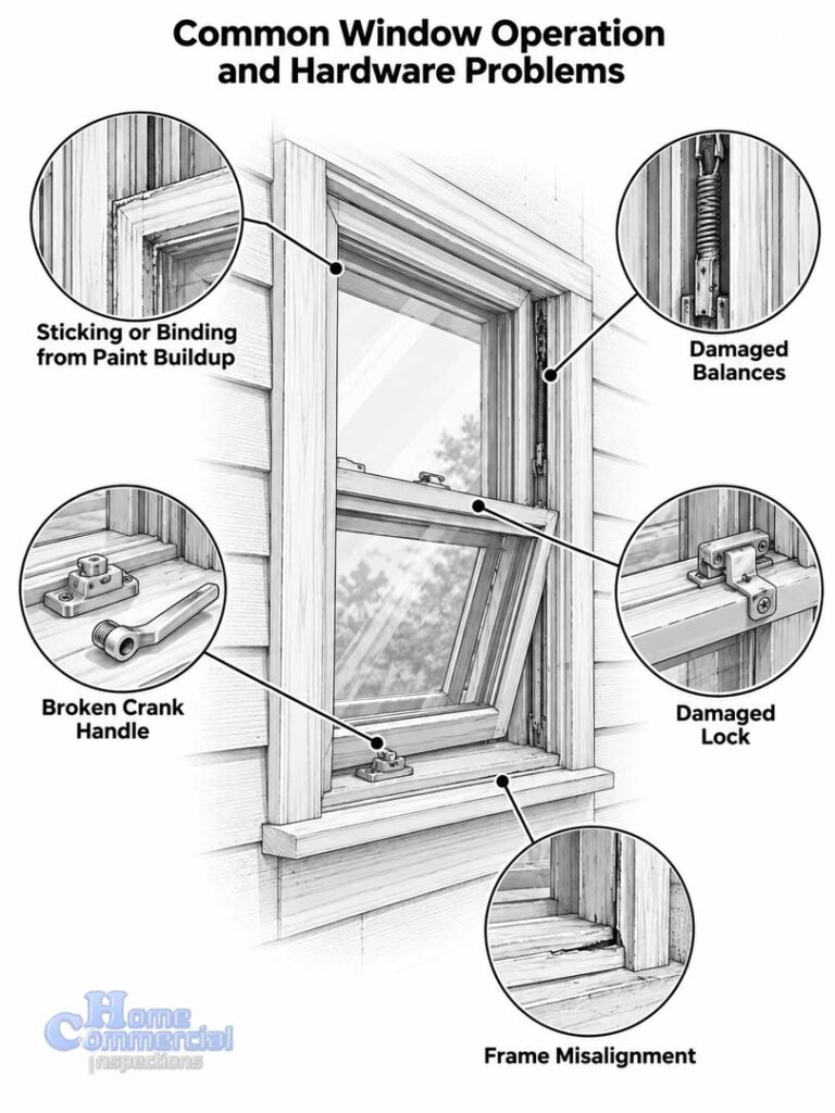 Technical illustration showing common residential window defects, including frame misalignment, damaged balances, broken locks, and sticking window hardware.
