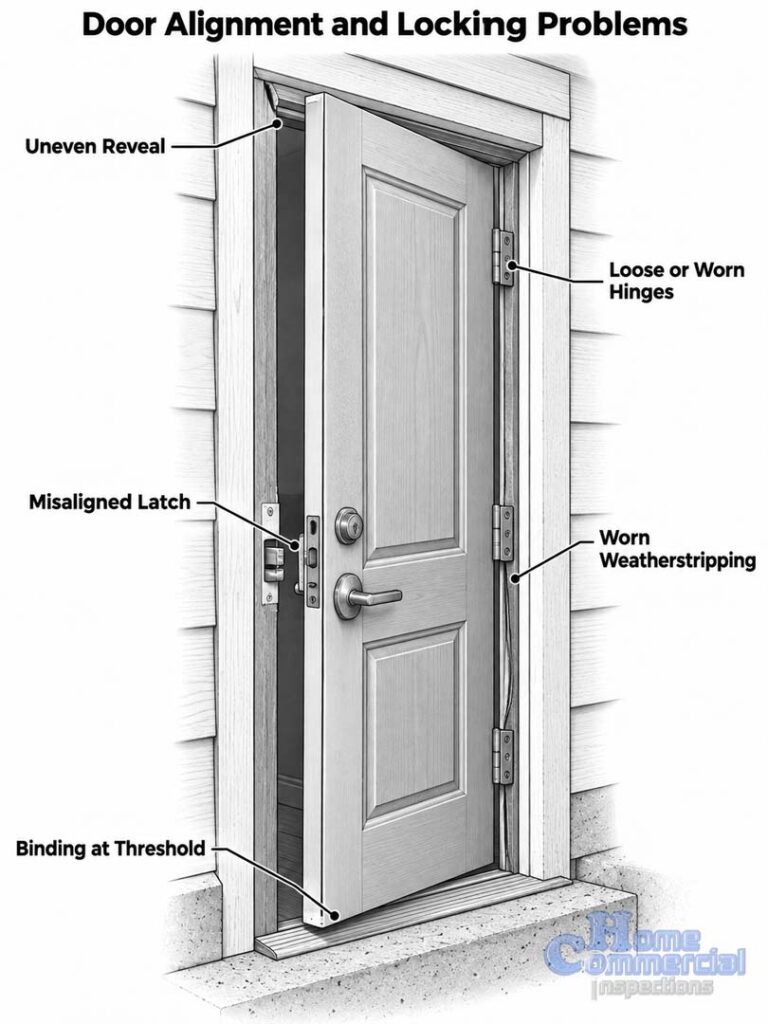 Architectural illustration showing common exterior door problems, including uneven alignment, worn hinges, misaligned latch, damaged weatherstripping, and threshold binding.