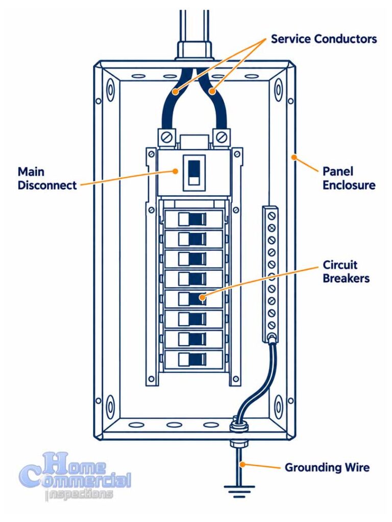 Diagram of a residential electrical panel showing service conductors, main disconnect, circuit breakers, and grounding wire