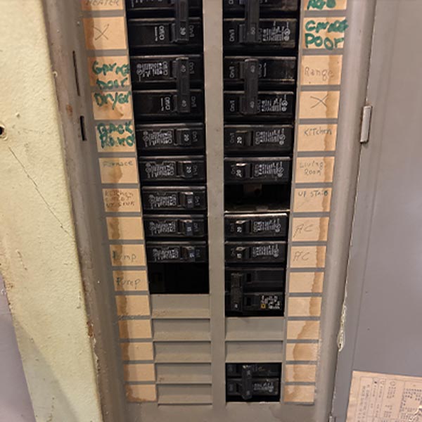 Electrical panel with a warning placard found during a Columbus, Ohio home inspection