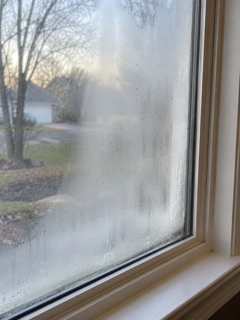 Condensation trapped between the panes of a residential double-pane window, showing a failed window seal.