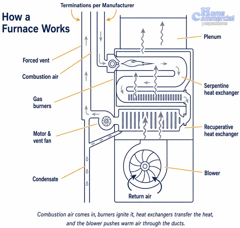 Diagram showing how a furnace works, including combustion air, heat exchanger, and blower — HC Inspectors, Columbus Ohio home inspection