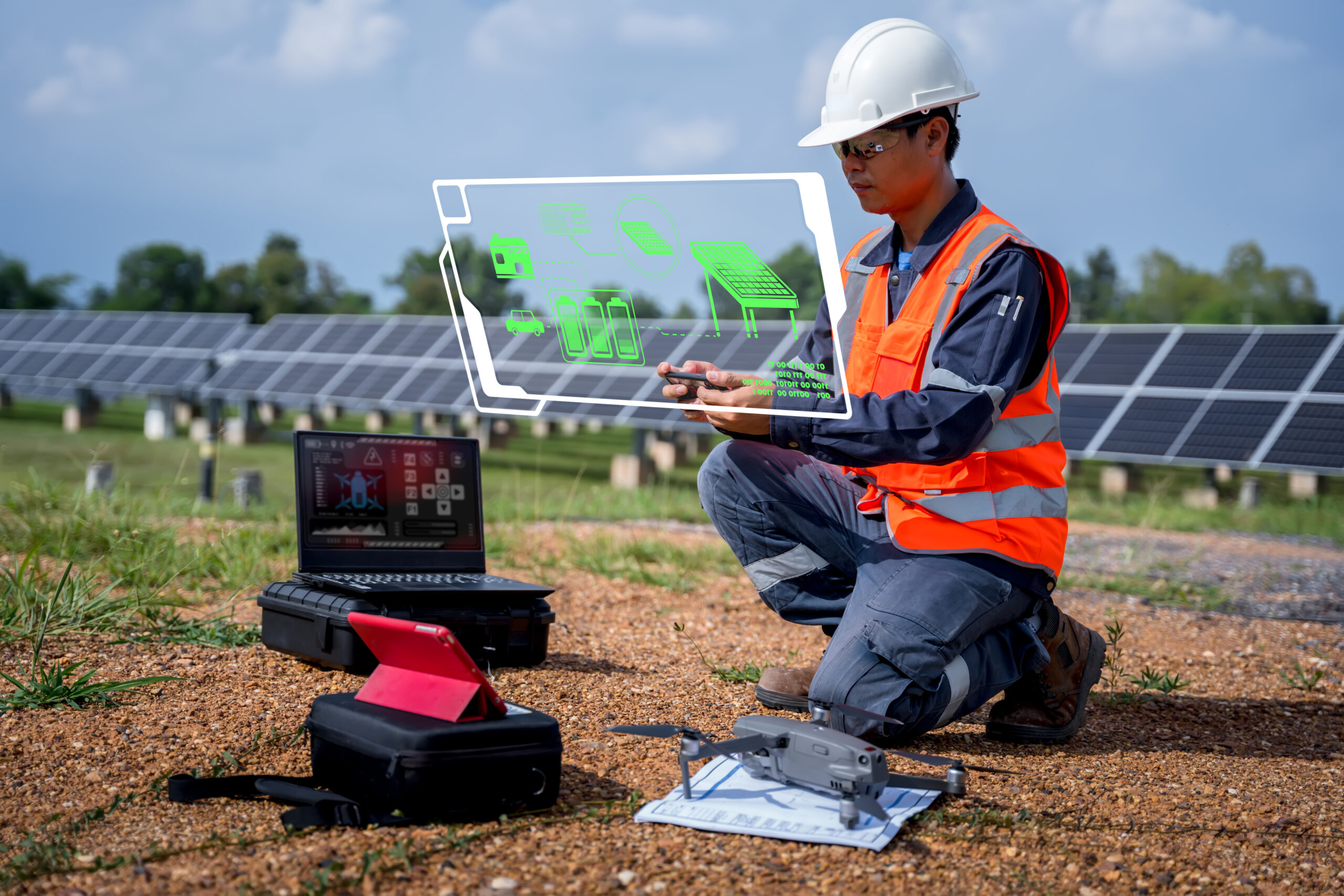 Engineers preparing drones to fly, inspecting the solar cells at high angles to thermo scan the solar panel for potential malfunctions and overheating. Alternative energy to conserve world's energy.