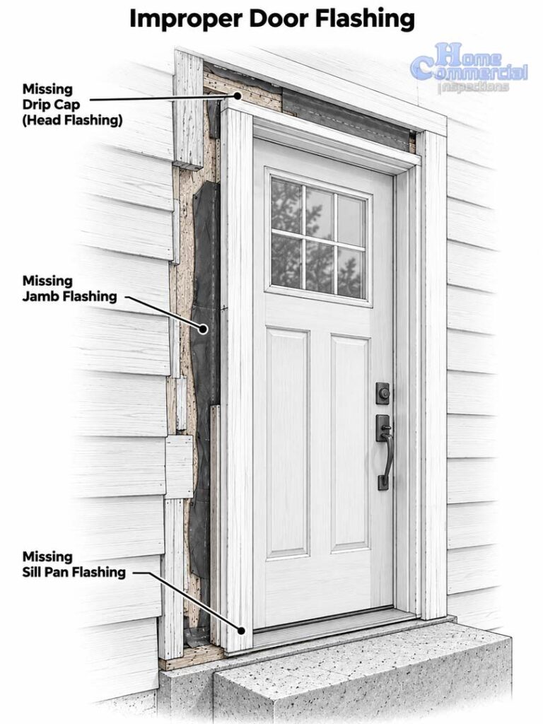 Architectural illustration showing improper exterior door flashing, including missing head flashing, jamb flashing, and sill pan flashing.