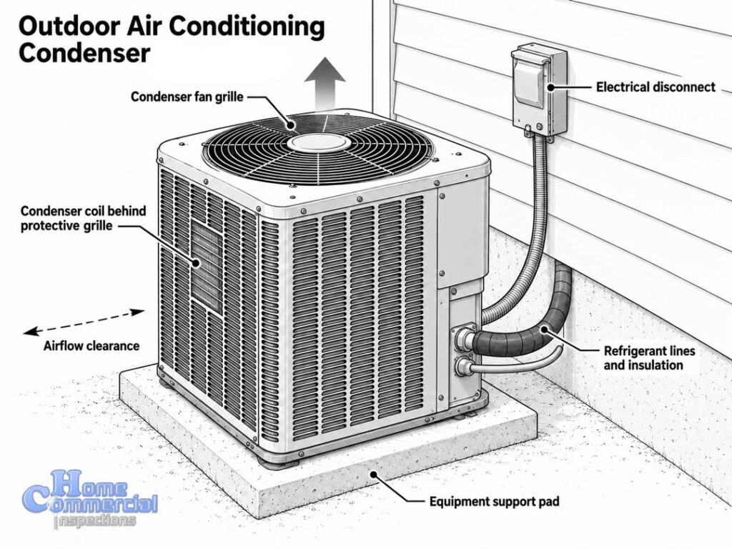 Technical line-art diagram of an outdoor air conditioning condenser showing the fan grille, condenser coil, electrical disconnect, refrigerant lines, airflow clearance, and support pad.