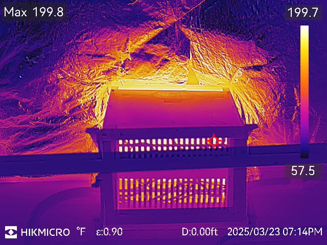 Thermal imaging of overheated electrical transformer showing maximum temperature of 199.8 degrees Fahrenheit with bright yellow and orange hotspots across winding connections and core sections.