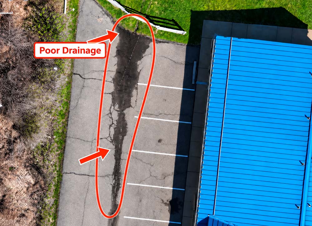 Drone aerial view of a commercial parking lot showing dark pavement areas, surface cracking, and possible drainage-related deterioration.