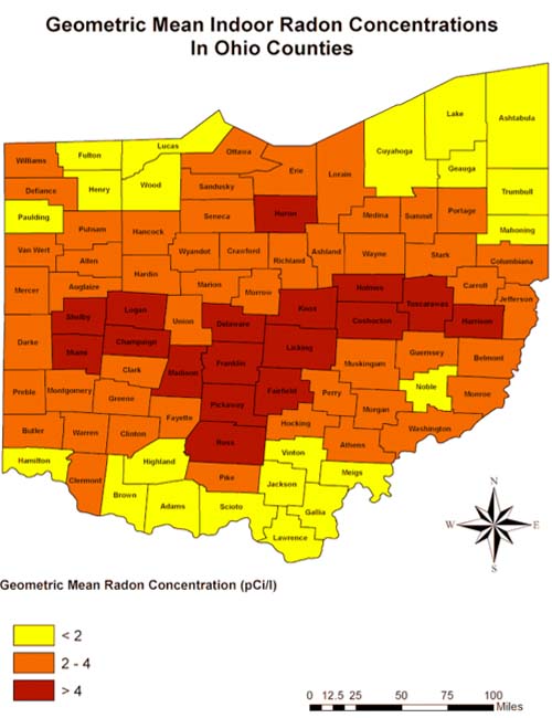 a map of radon concentration areas in Ohio