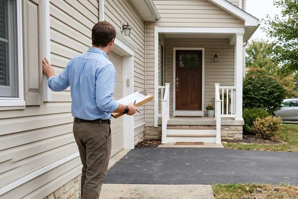 Home inspector evaluating exterior condition of a suburban property during relocation property assessment
